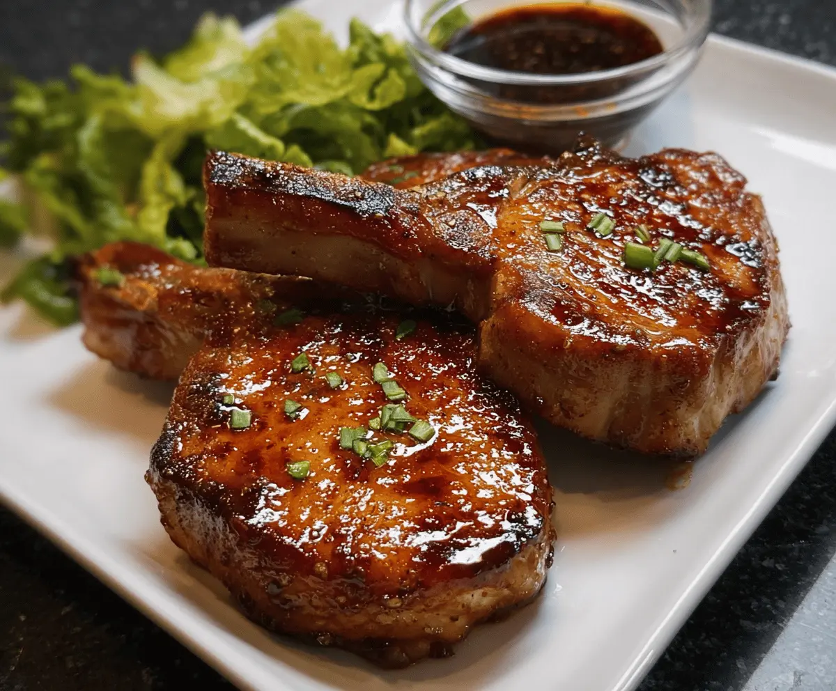 Juicy teriyaki pork chops glazed with savory sauce, served with steamed vegetables on a white plate.
