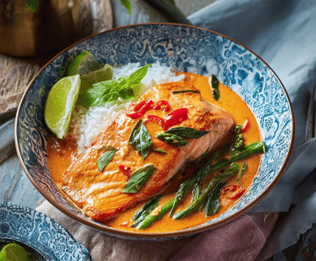 Creamy Thai Red Curry Salmon served with fresh herbs and vegetables, featuring vibrant red curry sauce over perfectly cooked salmon fillet.