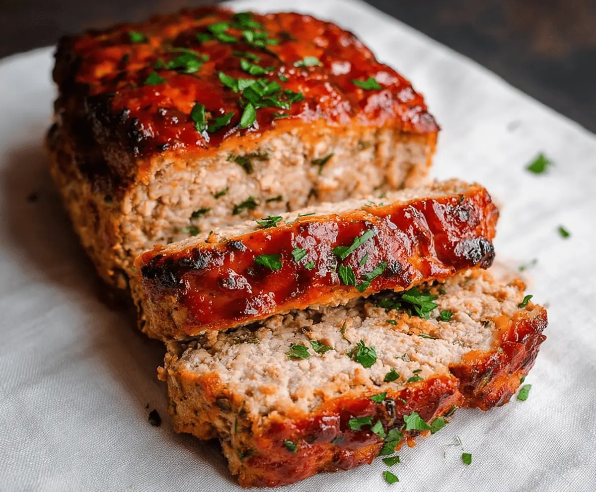 Delicious homemade turkey meatloaf served with fresh vegetables and a side of mashed potatoes on a white plate.
