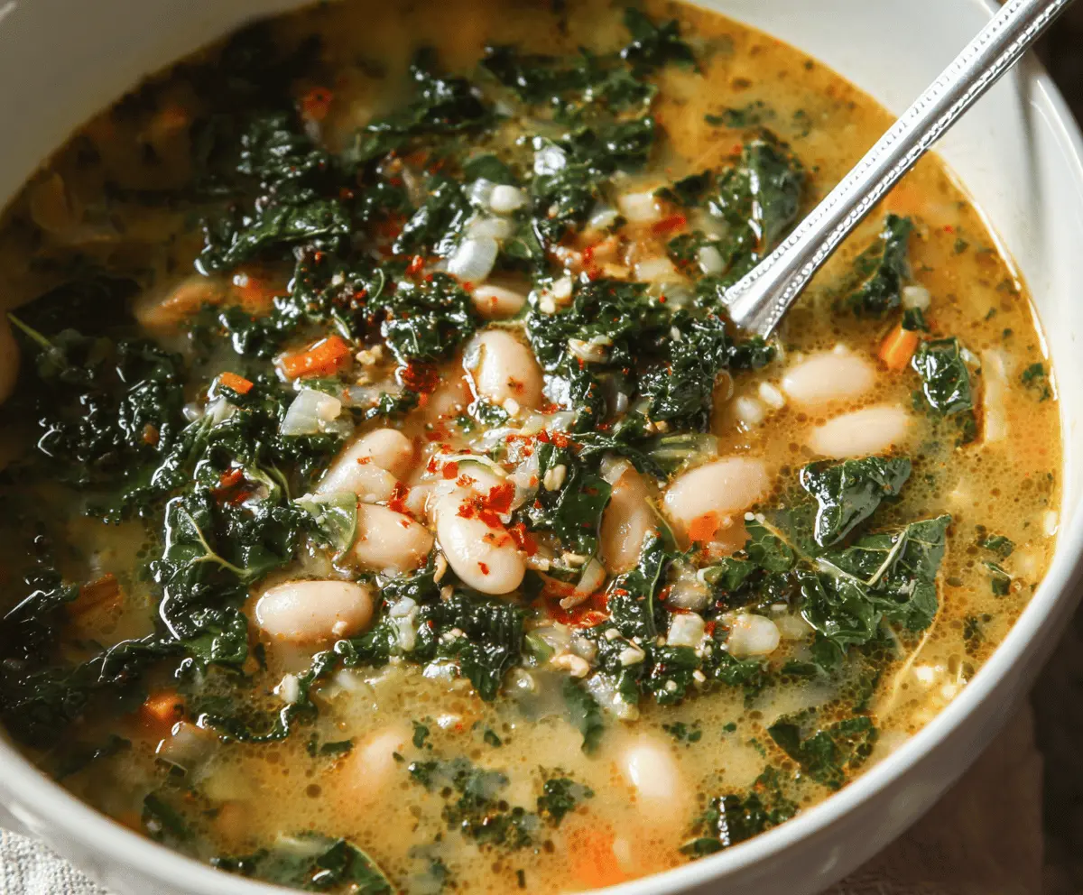A bowl of hearty white bean and kale soup garnished with fresh herbs, served with crusty bread on a rustic wooden table.