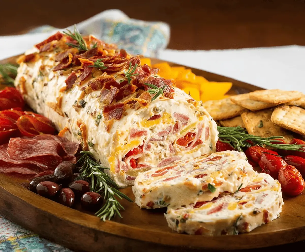 Delicious Antipasto Cheese Log with savory meats and cheeses, perfect for appetizer platter.