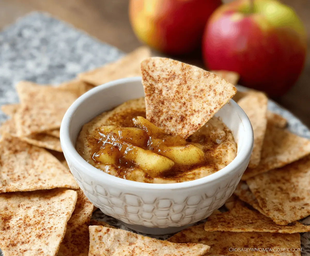 Delicious Apple Pie Dip served with crispy cinnamon tortilla chips for a sweet snack.