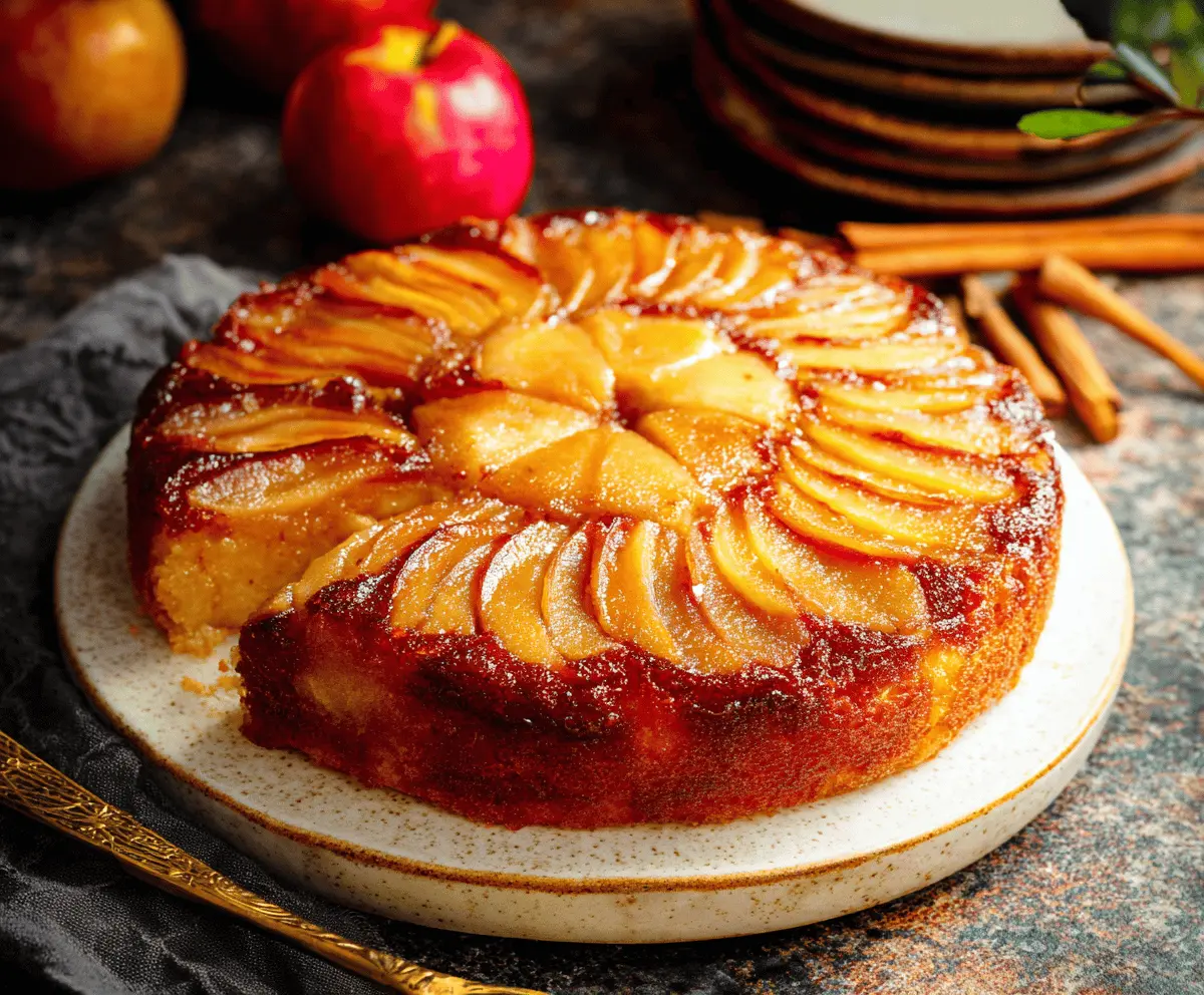 Delicious homemade Apple Upside Down Cake with caramelized apple topping