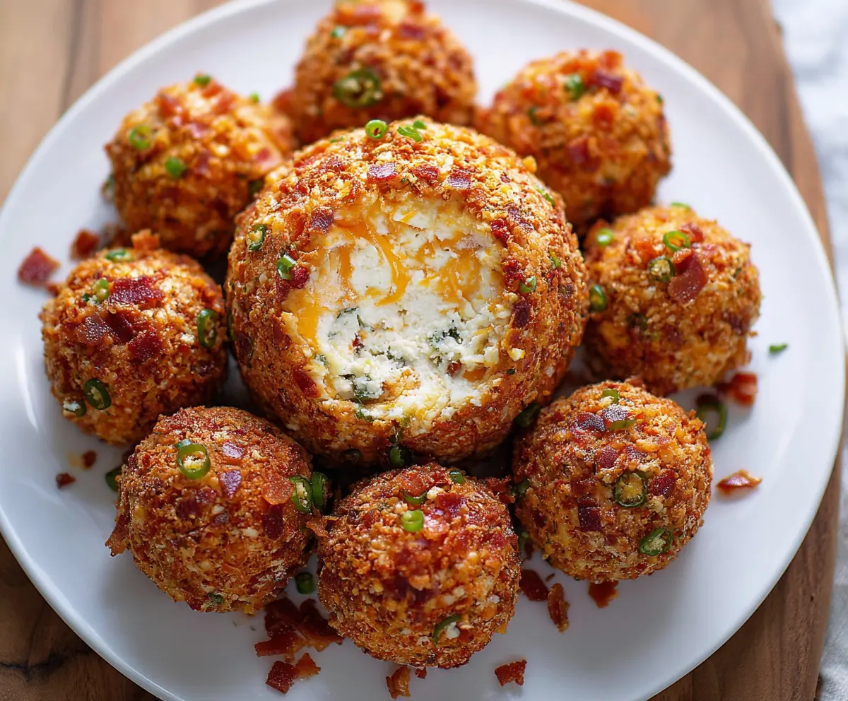 Delicious Bacon Jalapeño Popper Cheese Ball garnished with chives on a serving platter.