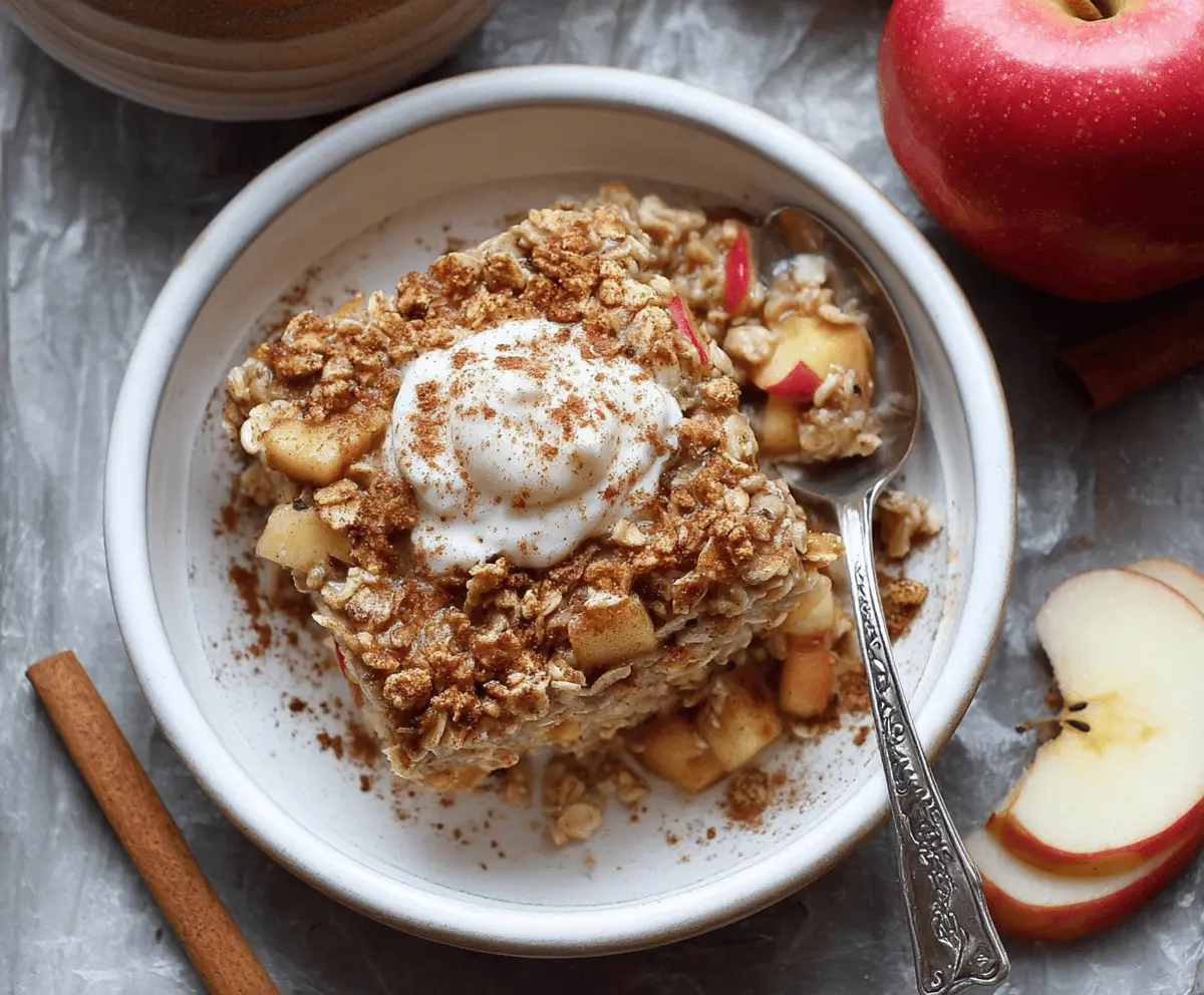 Delicious baked apple cinnamon oatmeal in a baking dish, topped with fresh apple slices and a sprinkle of cinnamon.