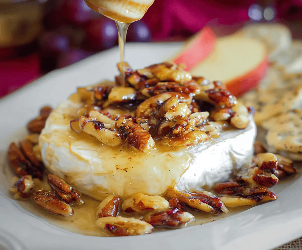 Delicious Baked Brie with Honey and Nuts on a serving platter