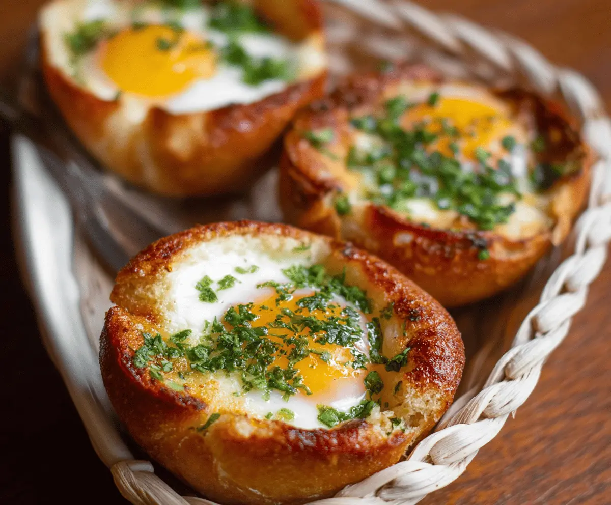 Delicious baked eggs in a basket served on a plate for breakfast.