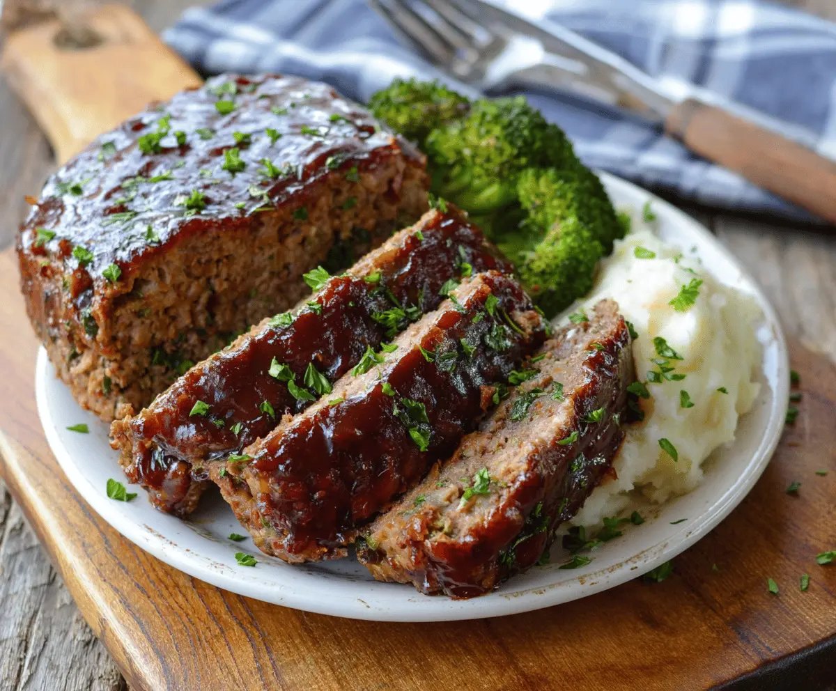 Delicious Balsamic Glazed Meatloaf served on a plate, garnished with fresh herbs.