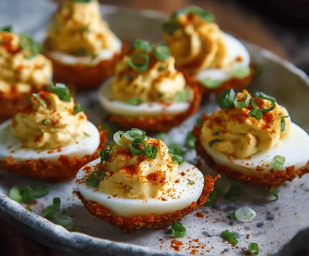 Delicious Bayou-Inspired Deviled Eggs garnished with fresh herbs on a rustic plate