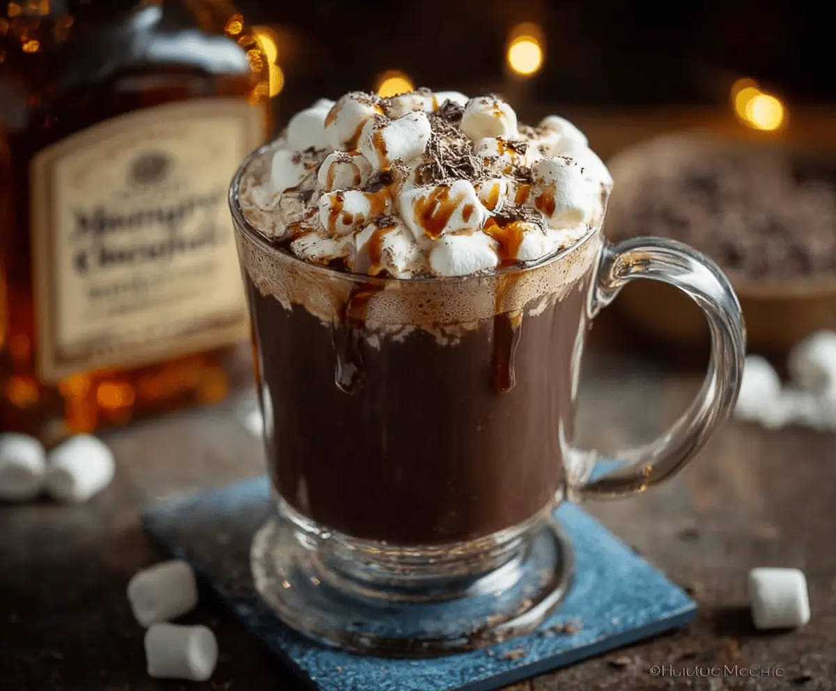 Delicious Bourbon Spiked Hot Chocolate in a cozy mug, topped with whipped cream and chocolate shavings for a warm winter treat.