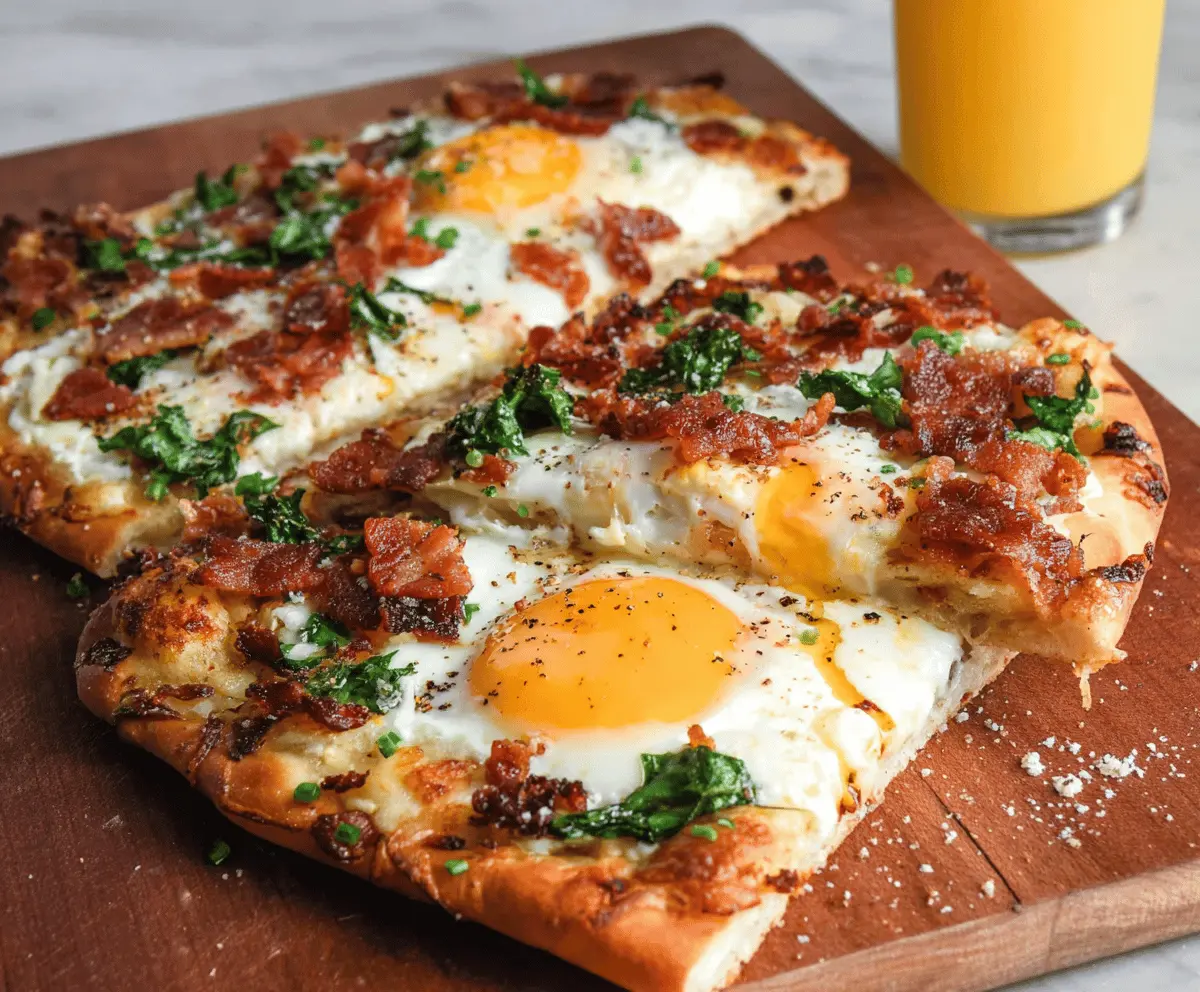 Delicious breakfast flatbread topped with eggs, cheese, and vegetables for a healthy start to the day.