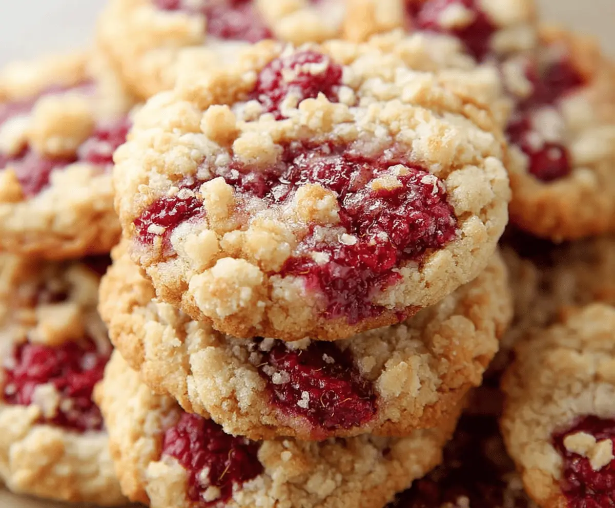 Delicious buttery raspberry crumble cookies with a golden crust and raspberry filling, perfect for dessert.