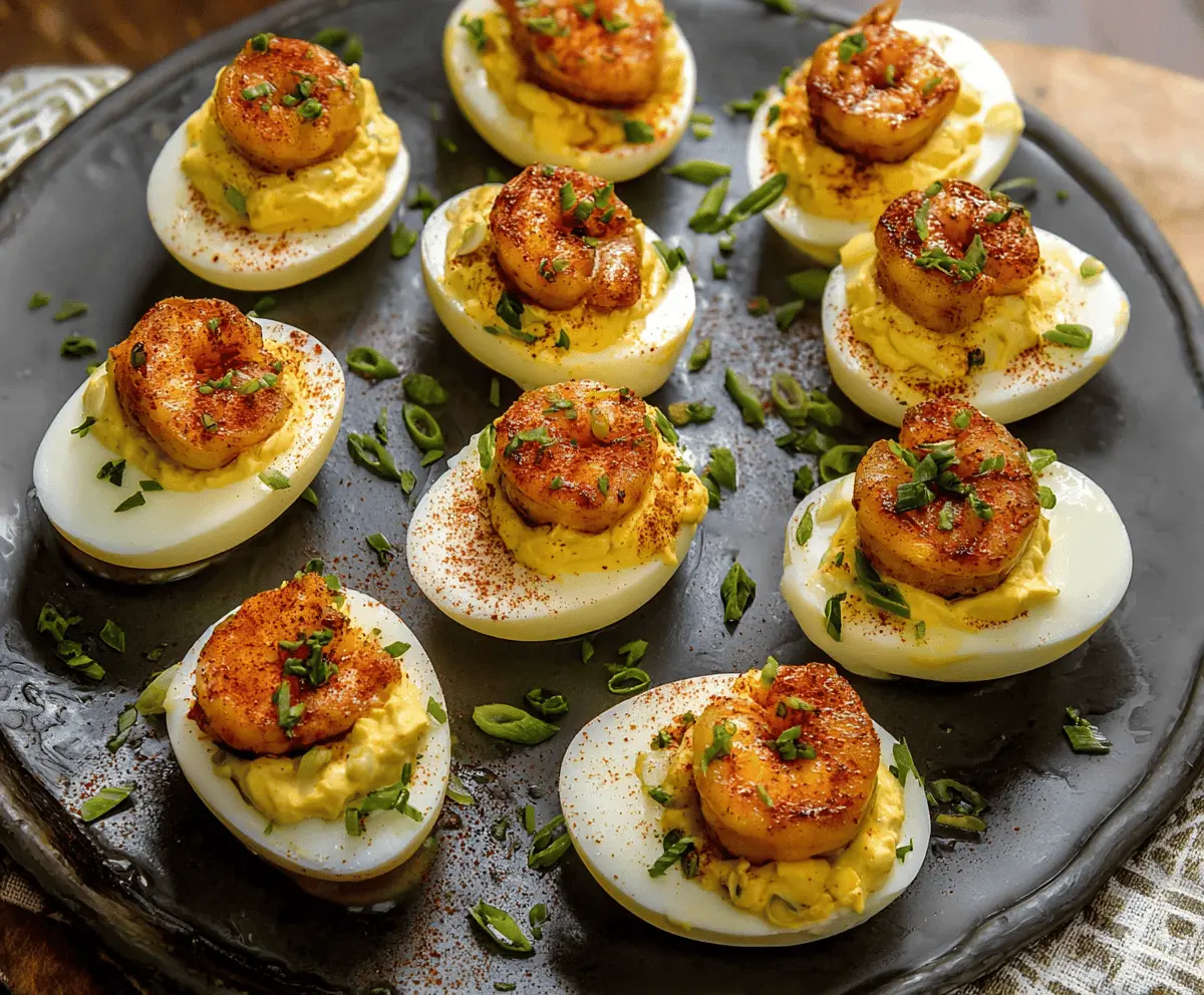 Delicious Cajun Shrimp Deviled Eggs garnished with fresh herbs on a white plate.