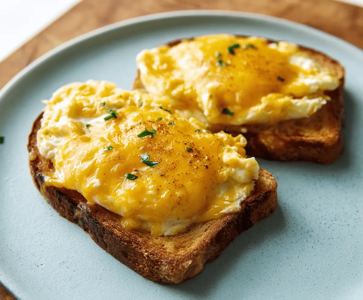 Delicious cheesy egg toast topped with melted cheese and fluffy eggs on golden toast.