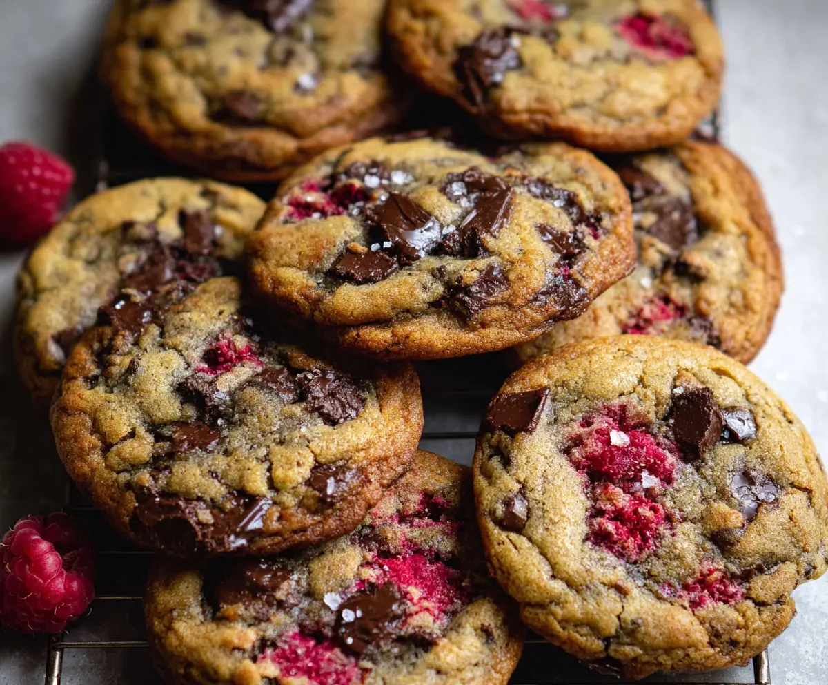 Delicious chewy raspberry chocolate chip cookies fresh out of the oven, showcasing vibrant raspberry bits and melty chocolate chips.