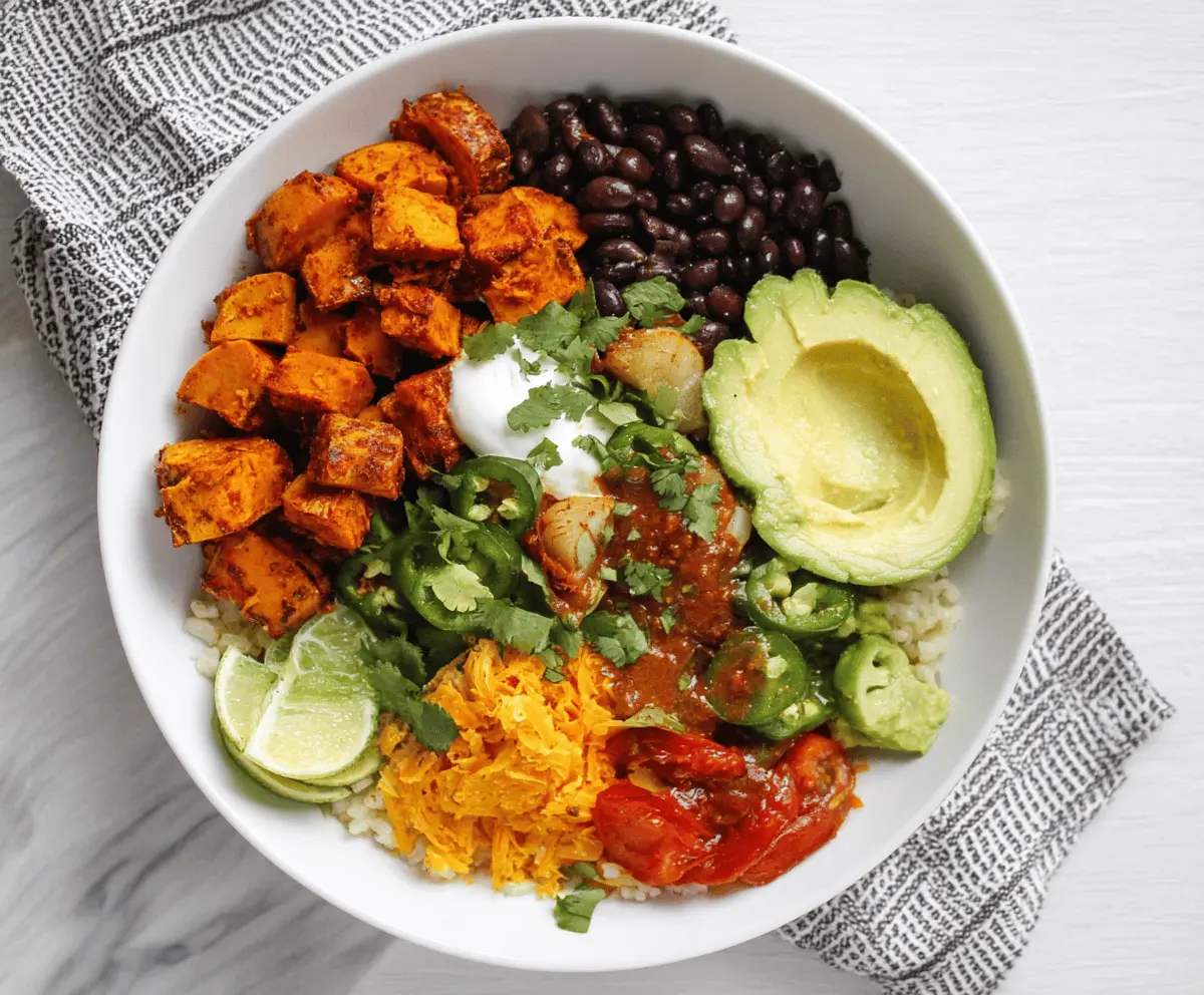 Colorful Chipotle Sweet Potato Burrito Bowl with avocado, black beans, and fresh cilantro.