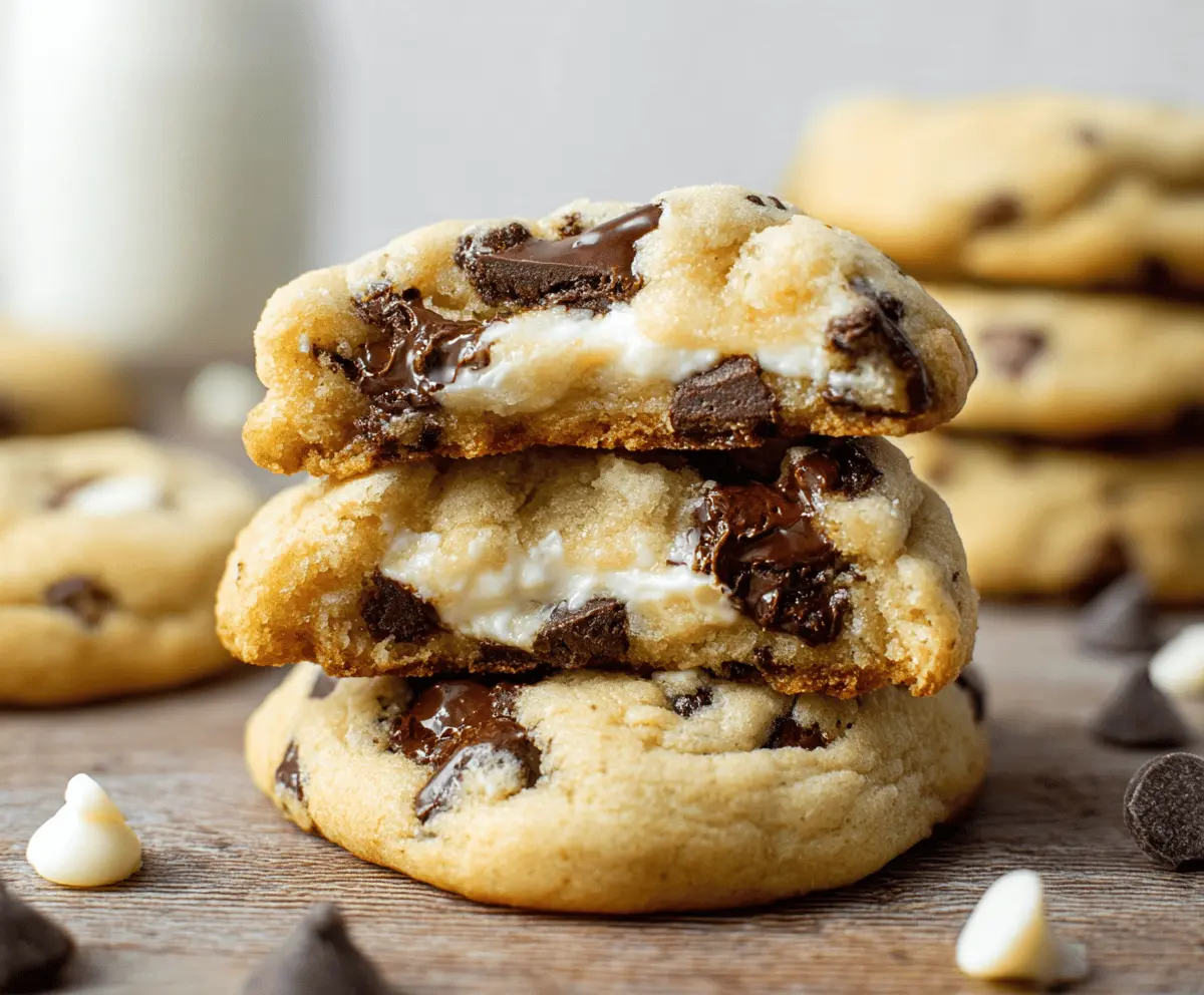 Delicious chocolate chip cheesecake cookies with creamy filling and gooey chocolate chips.