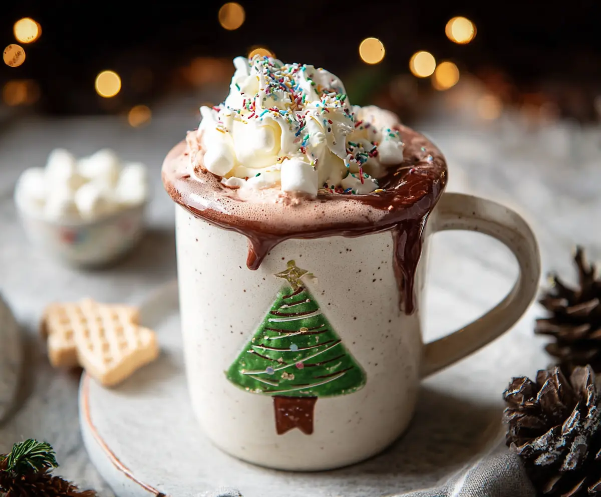 Festive Christmas hot chocolate topped with whipped cream and sprinkles in a cozy mug.