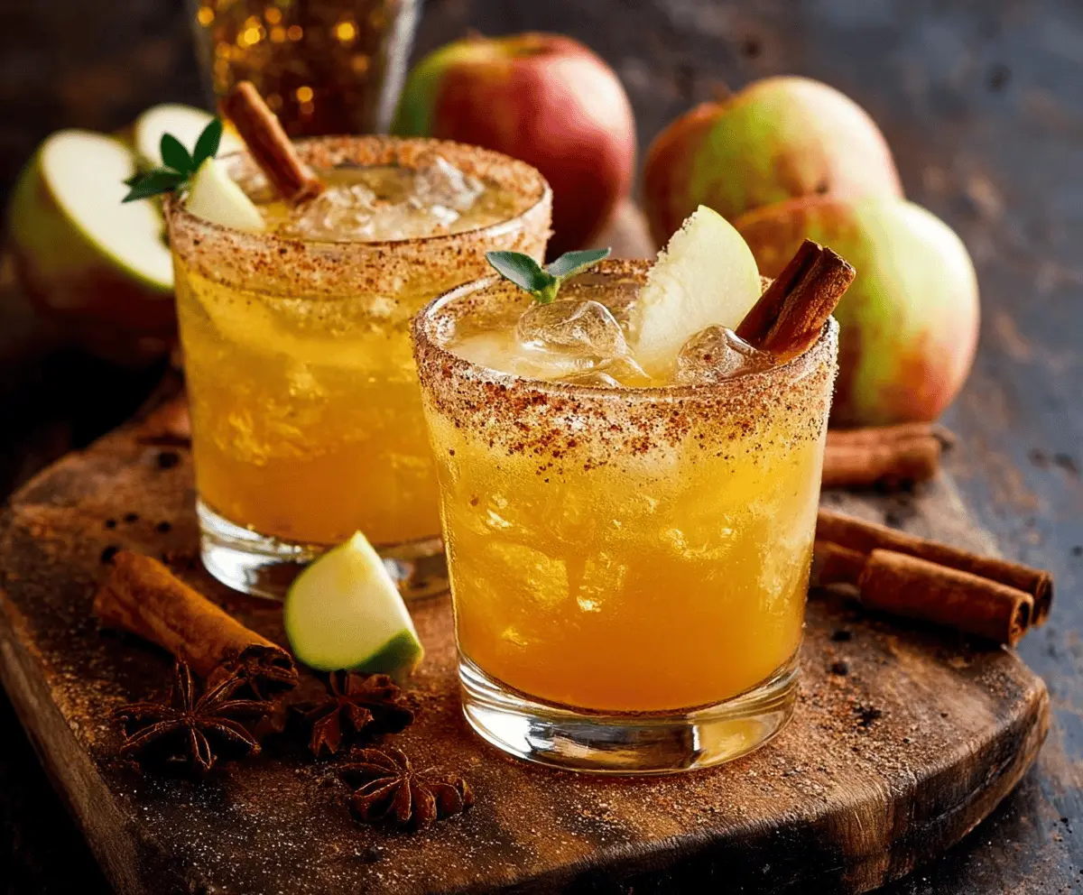 Refreshing Cinnamon Apple Cider Margarita with sliced apples and a salted rim on a festive table