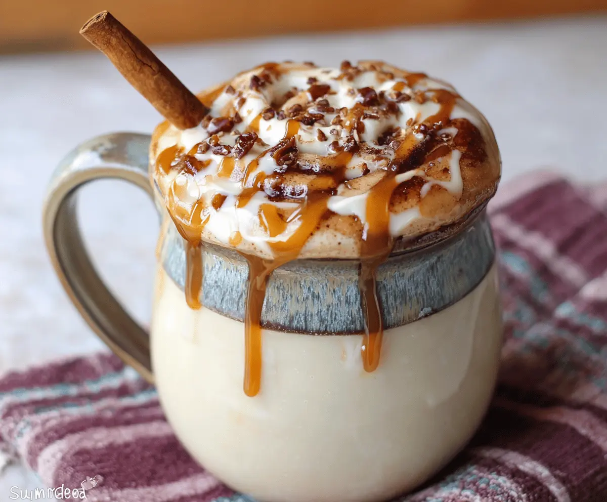 Creamy cinnamon bun white hot chocolate topped with whipped cream and cinnamon sprinkled on top.