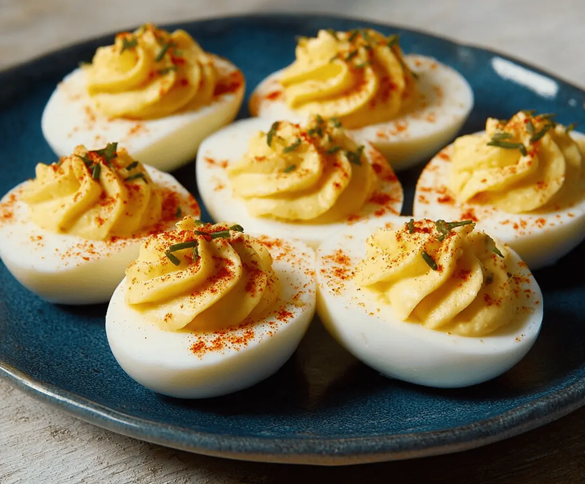 Delicious classic deviled eggs on a white plate, garnished with paprika and fresh herbs.
