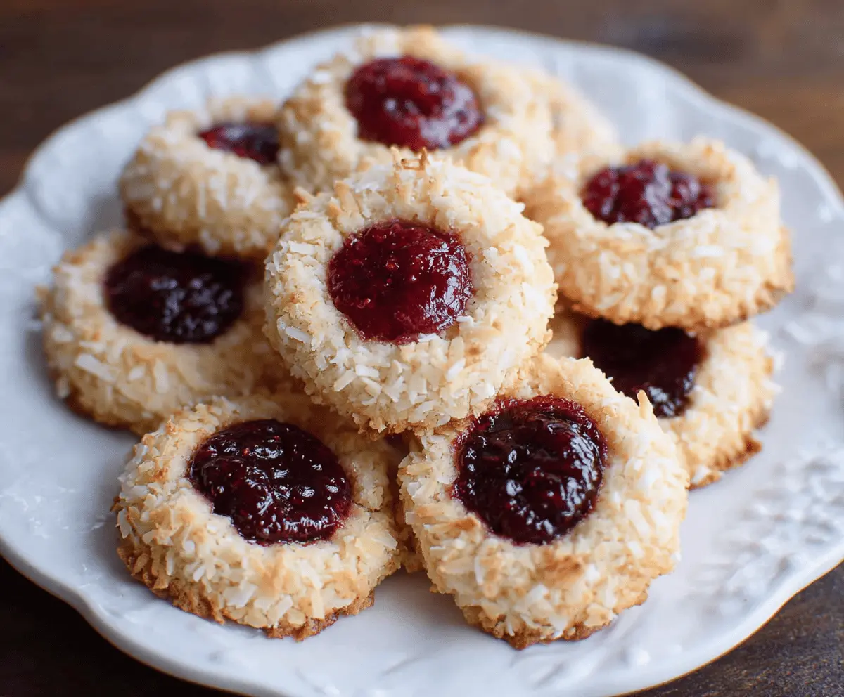 Delicious coconut raspberry thumbprint cookies with a golden crust and fresh raspberry filling.