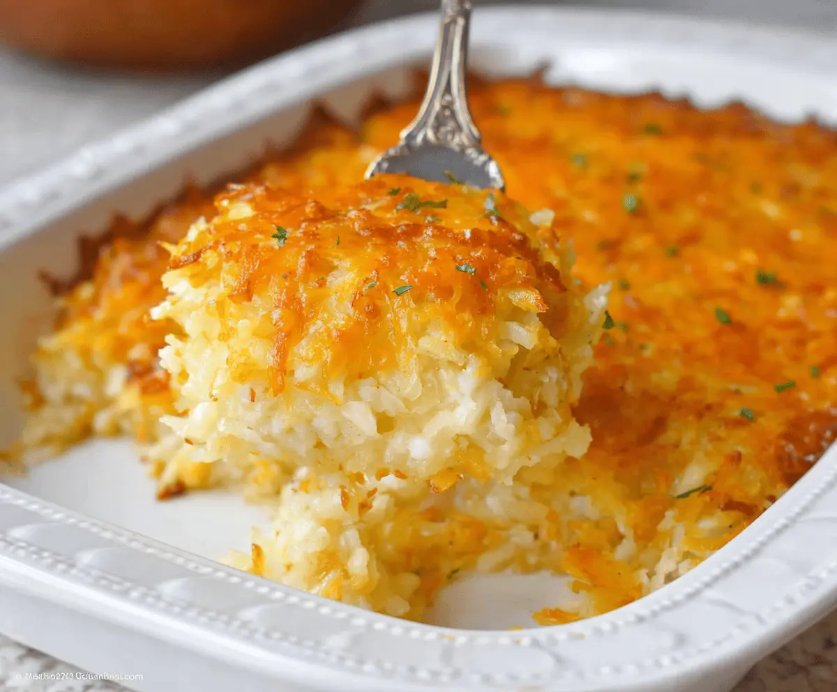 Delicious Cracker Barrel Hashbrown Casserole served hot with melted cheese and crispy hashbrowns.