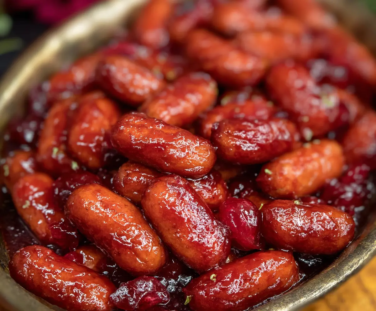 Cranberry BBQ Little Smokies appetizer served on a platter with fresh herbs
