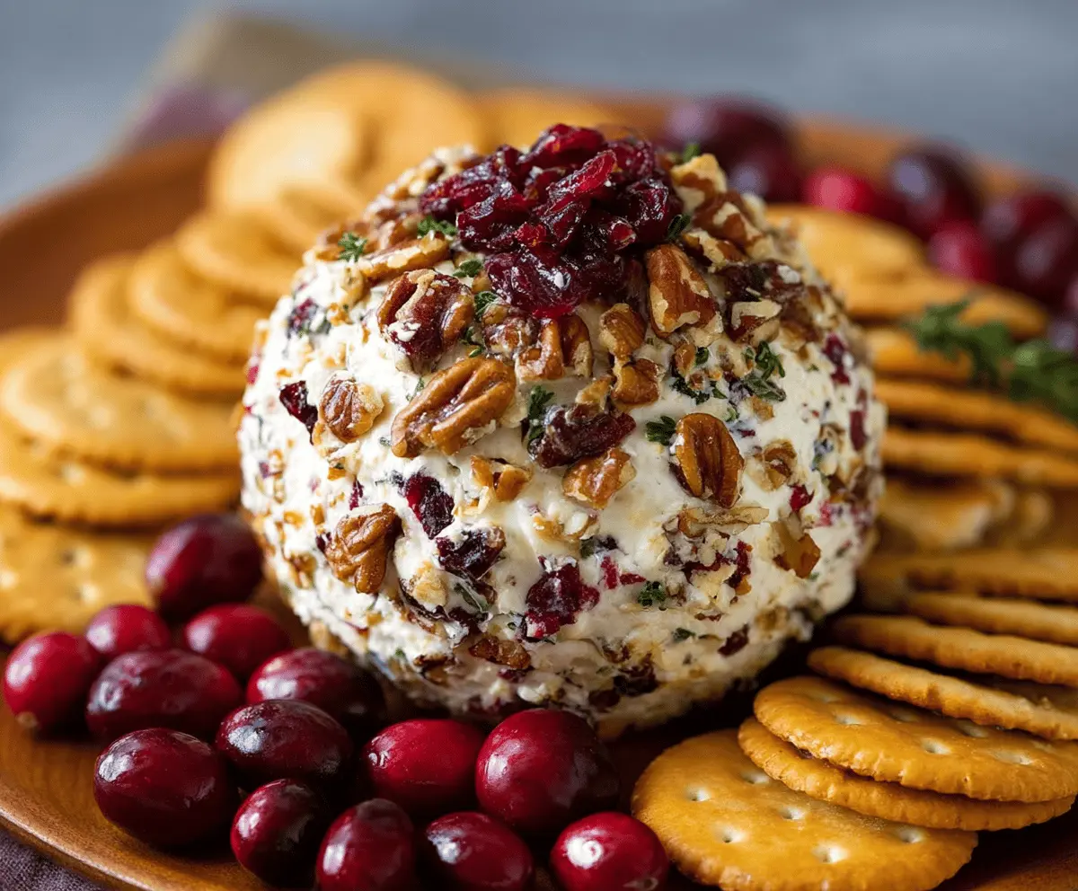 Cranberry Nut Cream Cheese Ball garnished with fresh cranberries and chopped nuts for a festive appetizer.