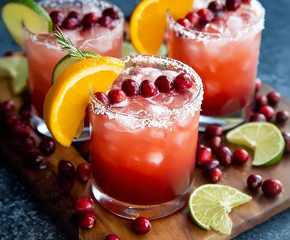 Refreshing cranberry orange margarita garnished with fresh cranberries and orange slices.