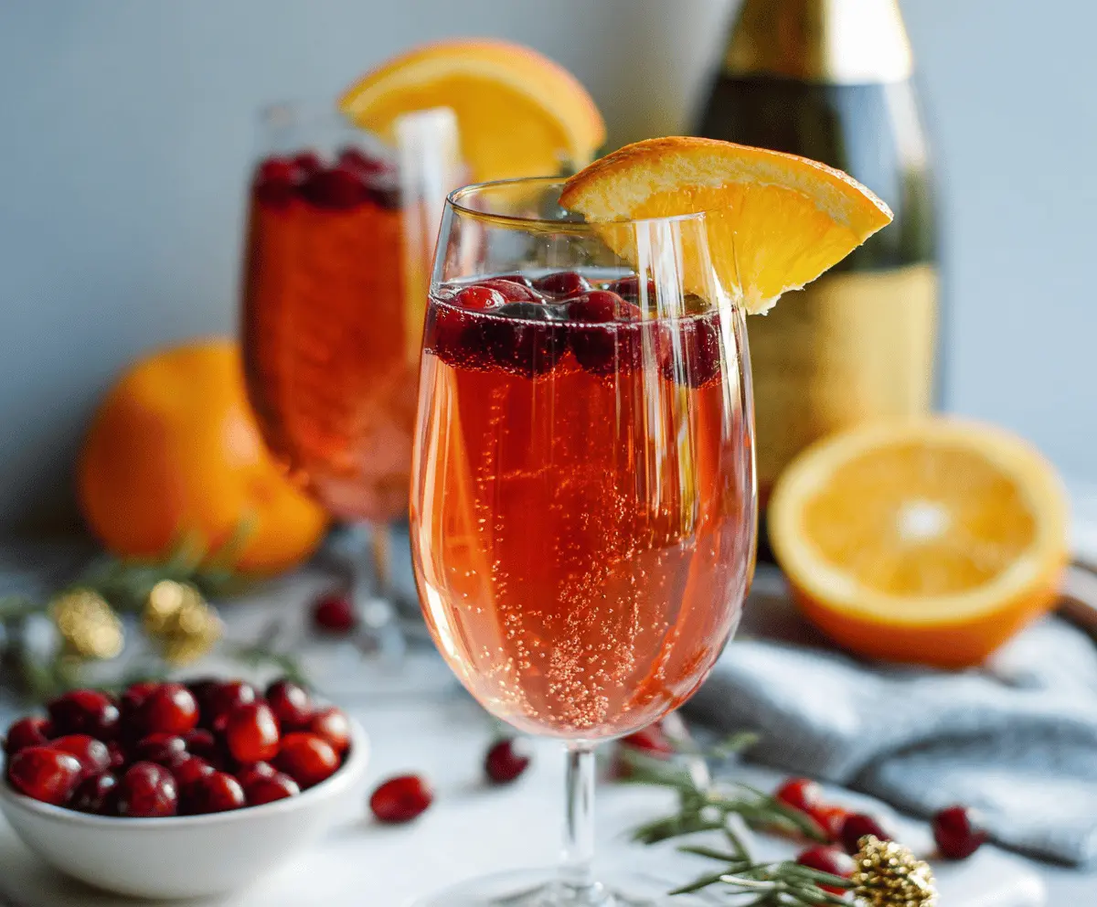 Refreshing Cranberry Orange Prosecco Cocktail in a elegant glass garnished with fresh cranberries and orange slices