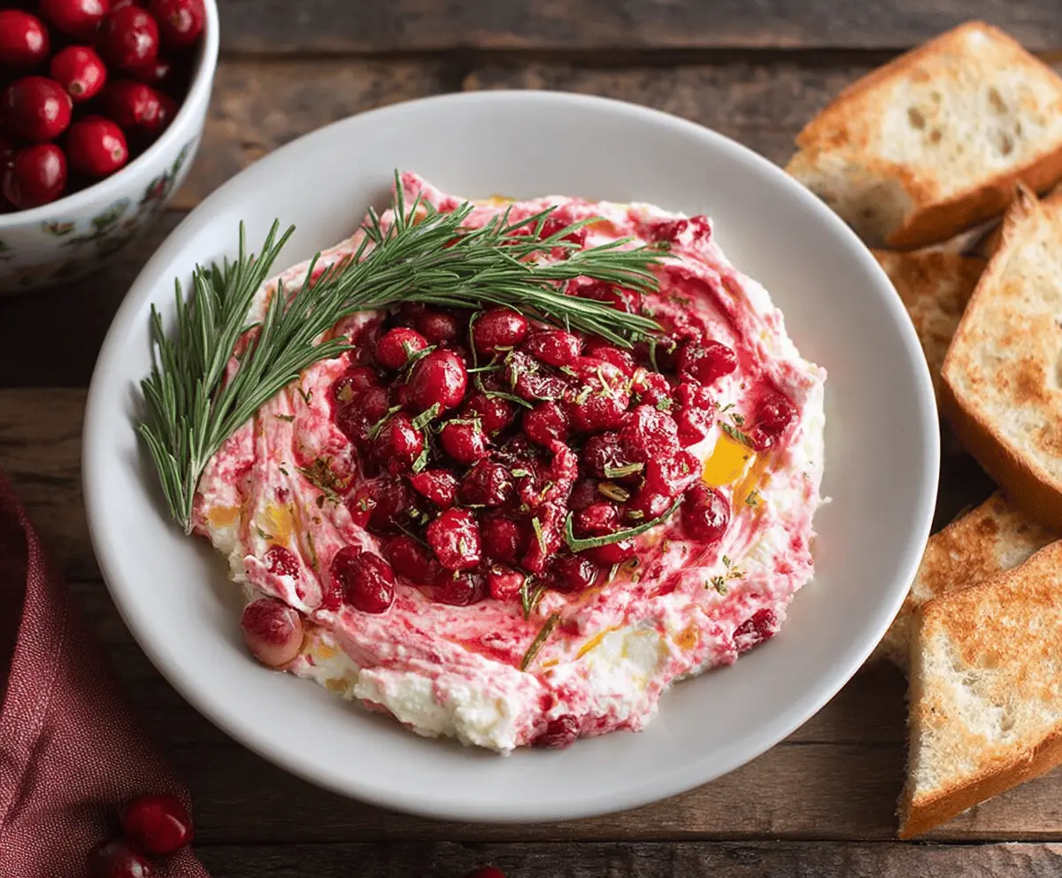 Creamy cranberry whipped feta dip served with fresh herbs on a white platter.