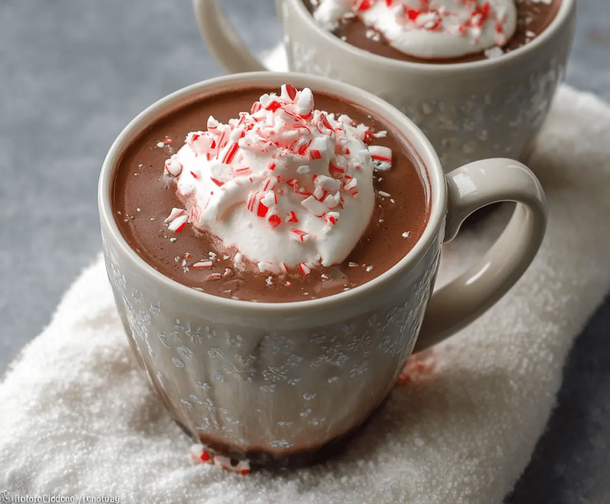 Creamy Crockpot Peppermint Hot Chocolate in a mug topped with whipped cream and peppermint candies.