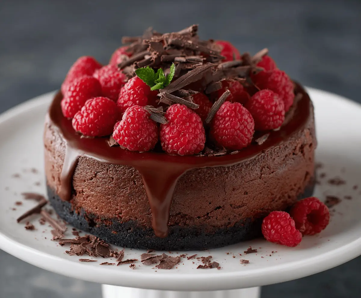 Delicious dark chocolate raspberry cheesecake with a rich, creamy texture and vibrant raspberry topping.