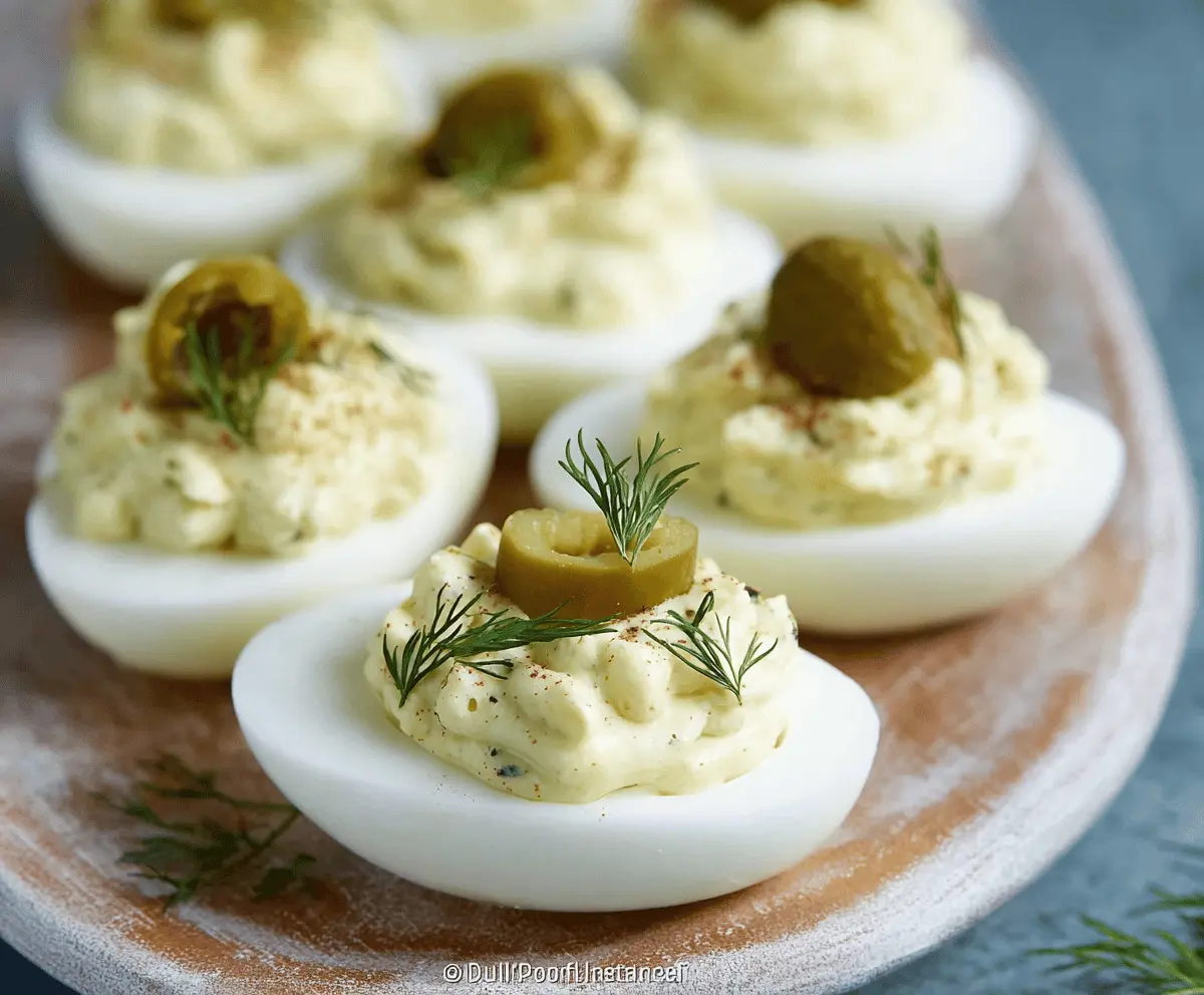 Creamy dill pickle deviled eggs garnished with fresh herbs and paprika for a flavorful appetizer.