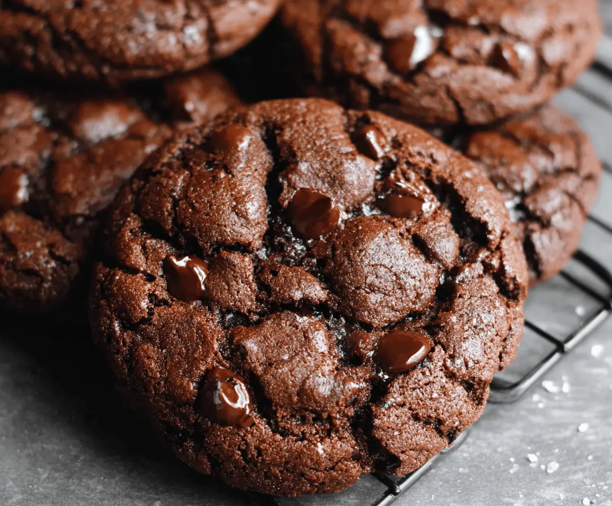 Delicious double chocolate chip cookies with gooey chocolate chunks on a baking sheet.