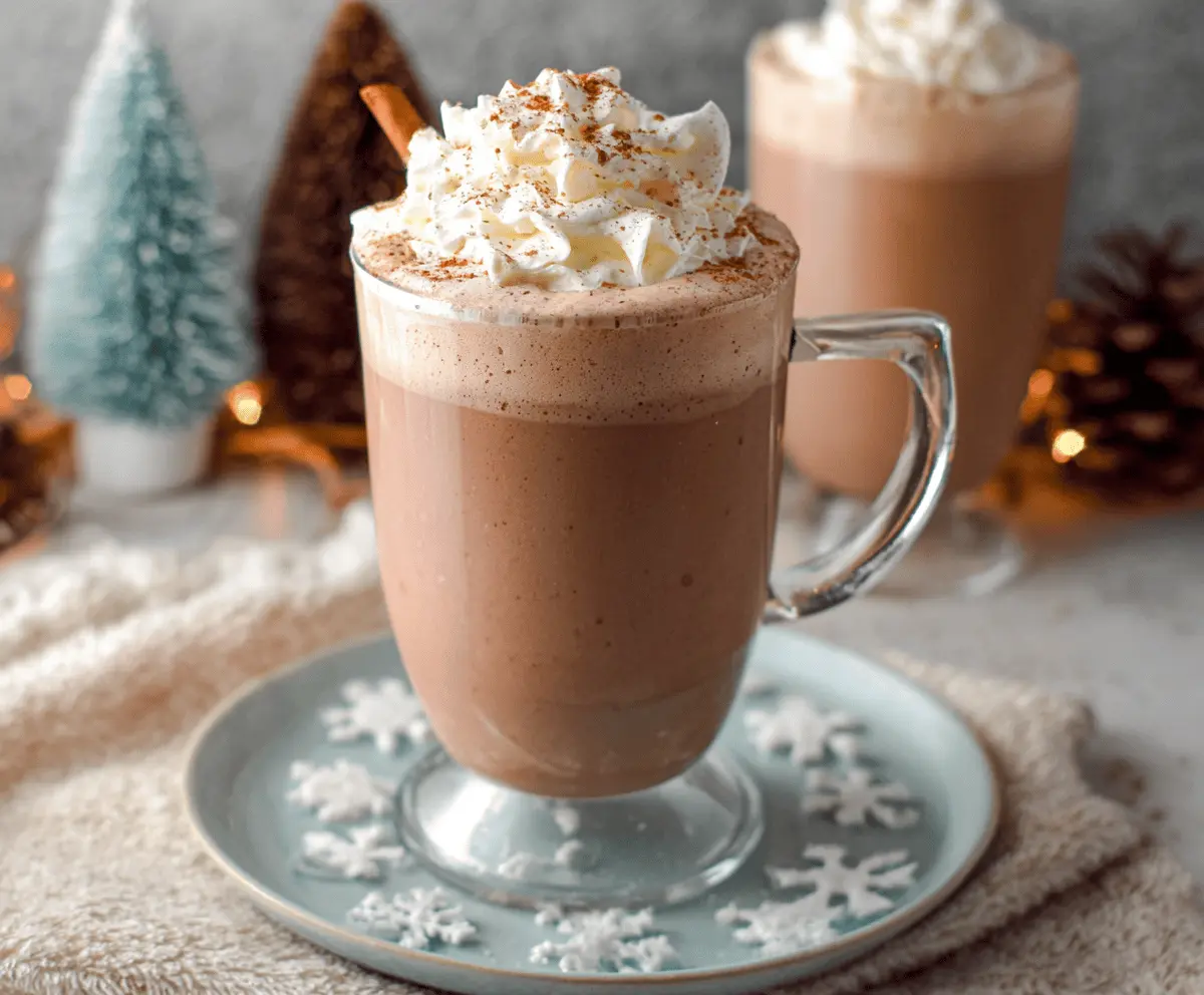 Creamy Eggnog Hot Chocolate in a mug garnished with whipped cream and a cinnamon stick.