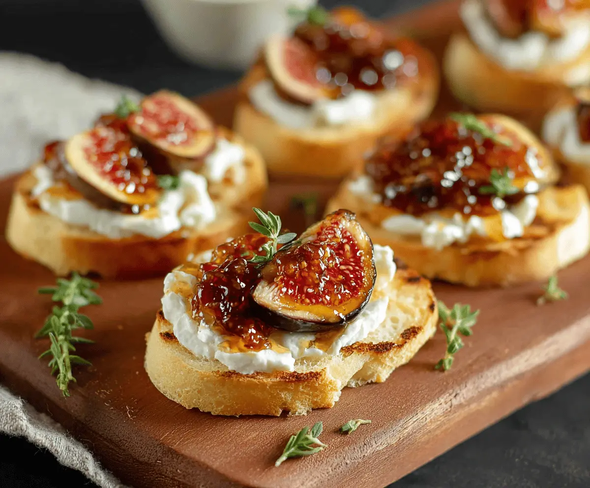 Delicious Fig Jam Goat Cheese Crostini served on a elegant platter for appetizer.