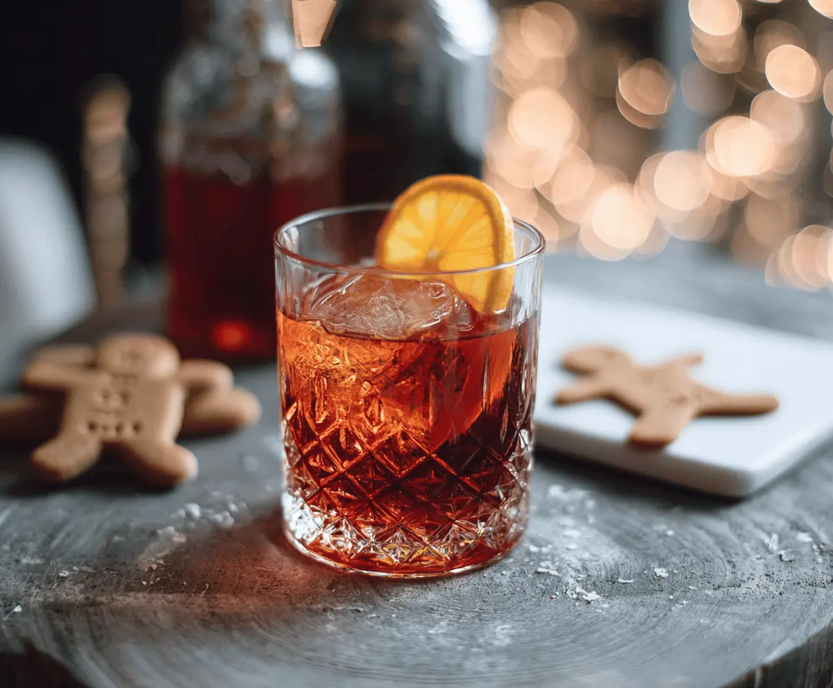 Delicious Gingerbread Negroni cocktail garnished with a slice of ginger and cinnamon stick.
