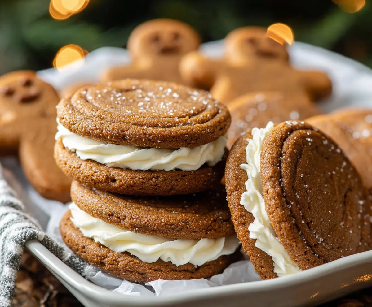 Delicious gingerbread sandwich cookies with festive frosting and holiday sprinkles.