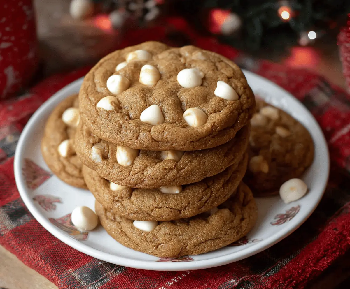 Delicious gingerbread white chocolate chip cookies topped with festive spices and melting white chocolate chunks.