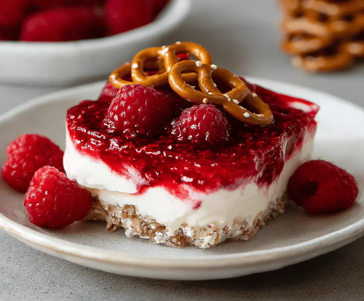 Delicious gluten-free raspberry pretzel salad with fresh berries and crunchy pretzels.