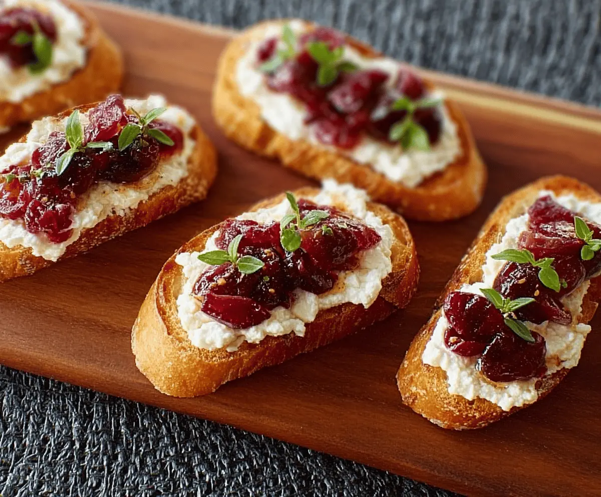 Delicious goat cheese and cranberry crostini served on a wooden platter for a festive appetizer.