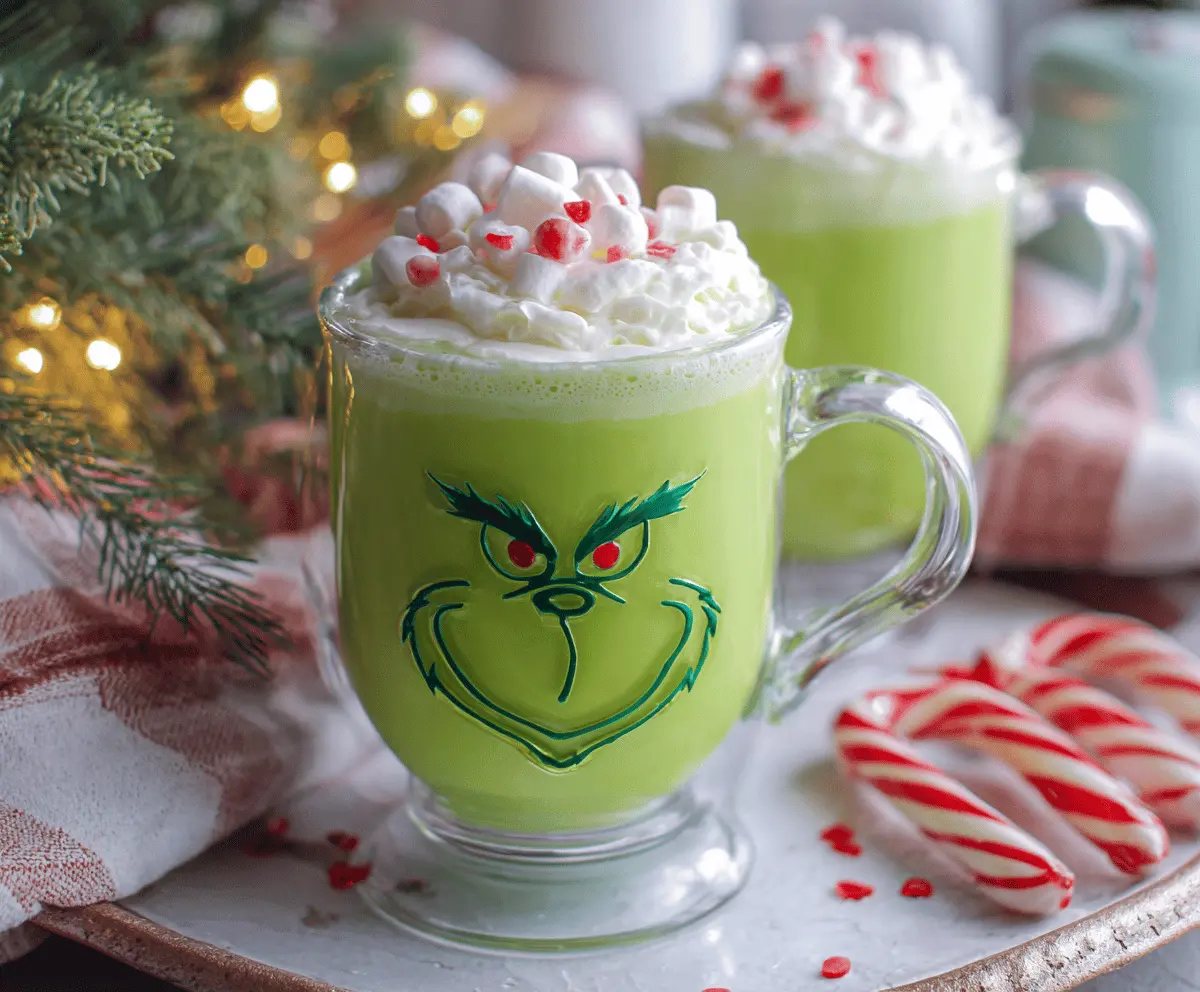 Festive Grinch Hot Chocolate in a mug with green whipped cream and holiday decorations