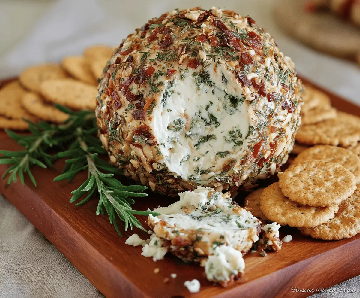 Herb and garlic cheese ball served with crackers, perfect for appetizer gatherings.