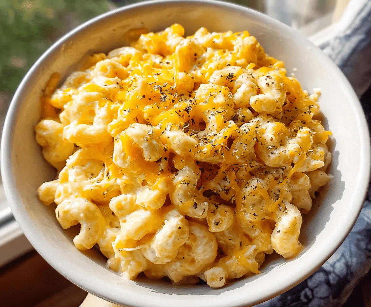 Creamy high protein mac and cheese with shredded cheese and pasta, perfect for a nutritious comfort meal.