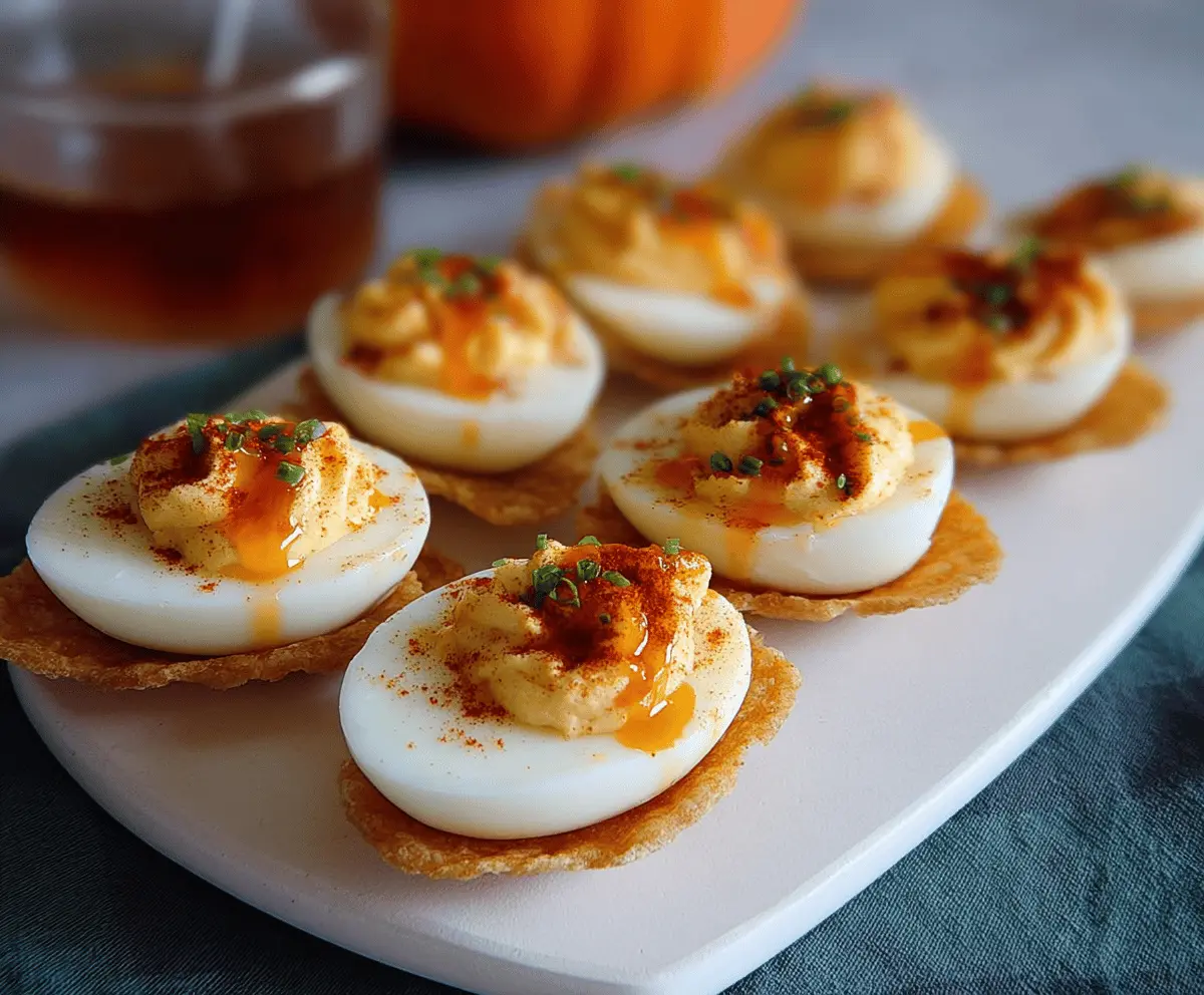 Delicious Hot Honey Deviled Eggs garnished with a sprinkle of paprika on a white plate.