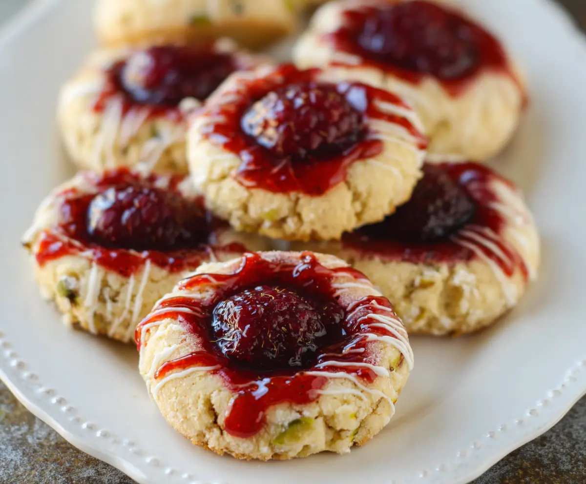 Delicious Italian raspberry thumbprint cookies with a golden crust and vibrant raspberry filling on a rustic plate.