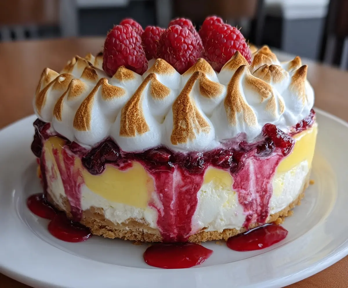Delicious Lemon Raspberry Meringue Cheesecake topped with fresh raspberries and lemon zest