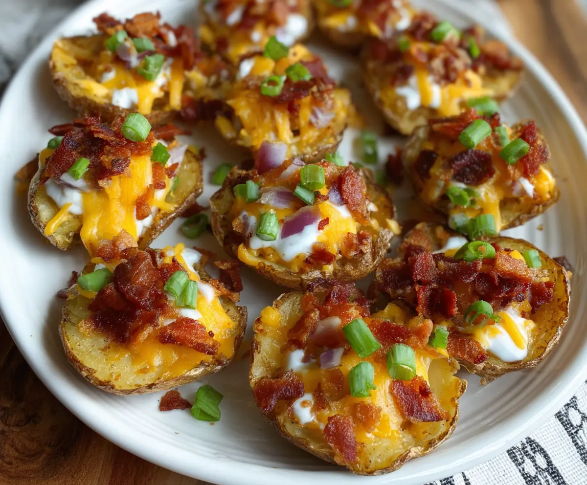 Delicious loaded mini potato bites topped with cheese, bacon, and green onions